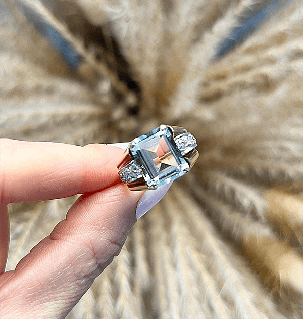 Vintage Yellow Gold Emerald Cut Aquamarine Sapphire Engagement Ring