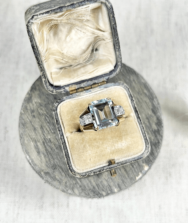 Vintage Yellow Gold Emerald Cut Aquamarine Sapphire Engagement Ring