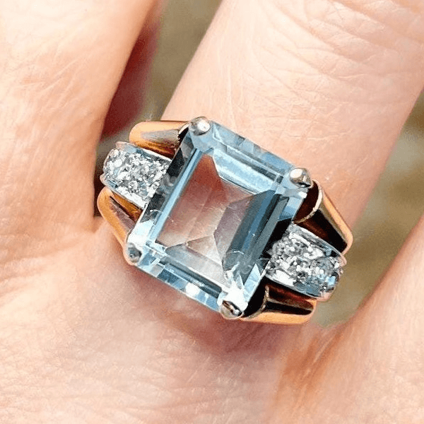 Vintage Yellow Gold Emerald Cut Aquamarine Sapphire Engagement Ring