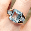 Vintage Yellow Gold Emerald Cut Aquamarine Sapphire Engagement Ring