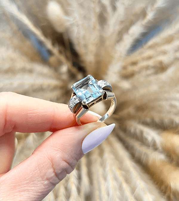 Vintage Yellow Gold Emerald Cut Aquamarine Sapphire Engagement Ring