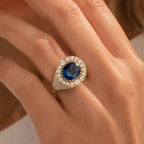 Vintage Pave Setting Halo Yellow Gold Oval Cut Blue Sapphire Engagement Ring