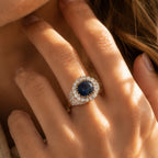 Vintage Pave Setting Halo Yellow Gold Oval Cut Blue Sapphire Engagement Ring