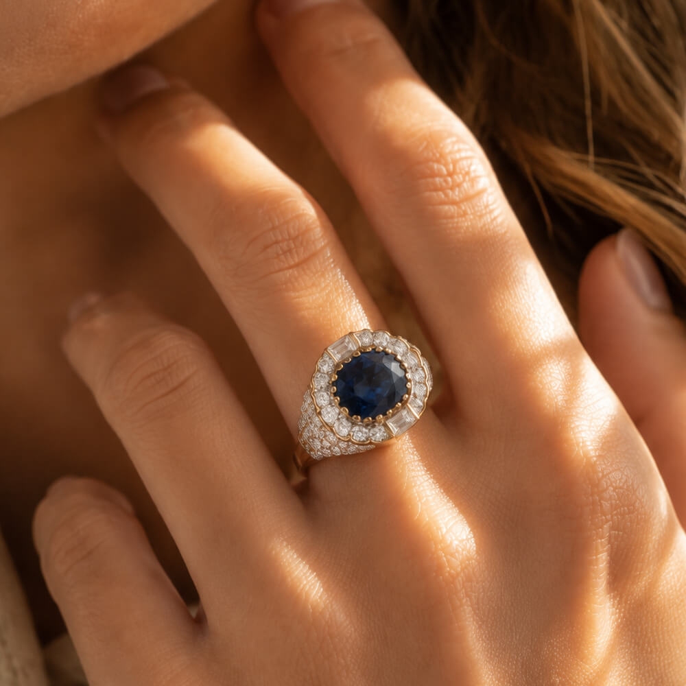 Vintage Pave Setting Halo Yellow Gold Oval Cut Blue Sapphire Engagement Ring