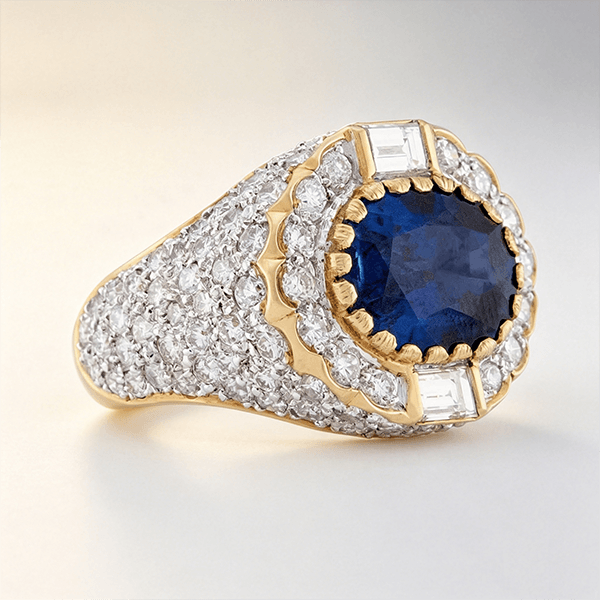 Vintage Pave Setting Halo Yellow Gold Oval Cut Blue Sapphire Engagement Ring