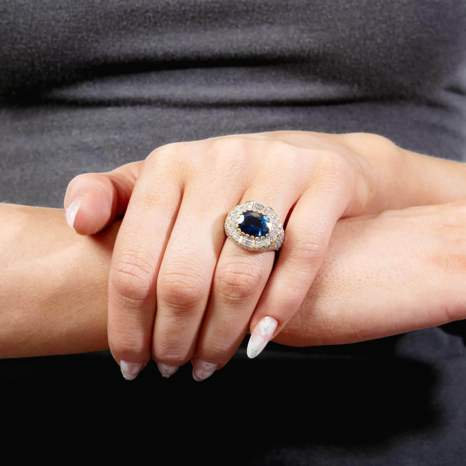 Vintage Pave Setting Halo Yellow Gold Oval Cut Blue Sapphire Engagement Ring