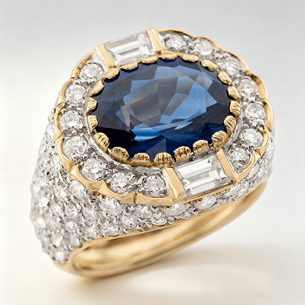 Vintage Pave Setting Halo Yellow Gold Oval Cut Blue Sapphire Engagement Ring