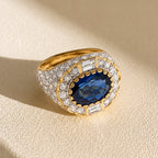 Vintage Pave Setting Halo Yellow Gold Oval Cut Blue Sapphire Engagement Ring