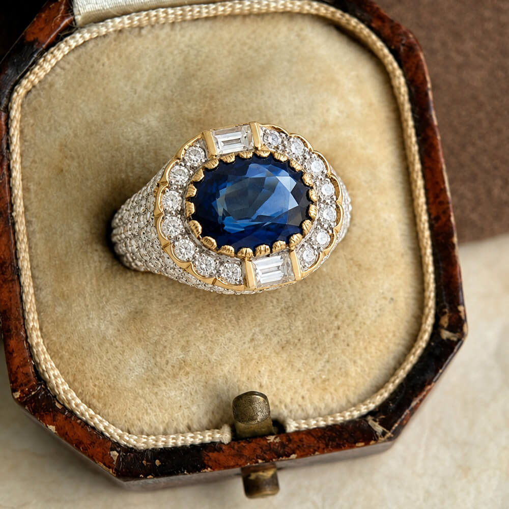 Vintage Pave Setting Halo Yellow Gold Oval Cut Blue Sapphire Engagement Ring