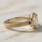 Vintage Three Stone Bezel Yellow Gold Oval Cut White & Blue Sapphire Engagement Ring