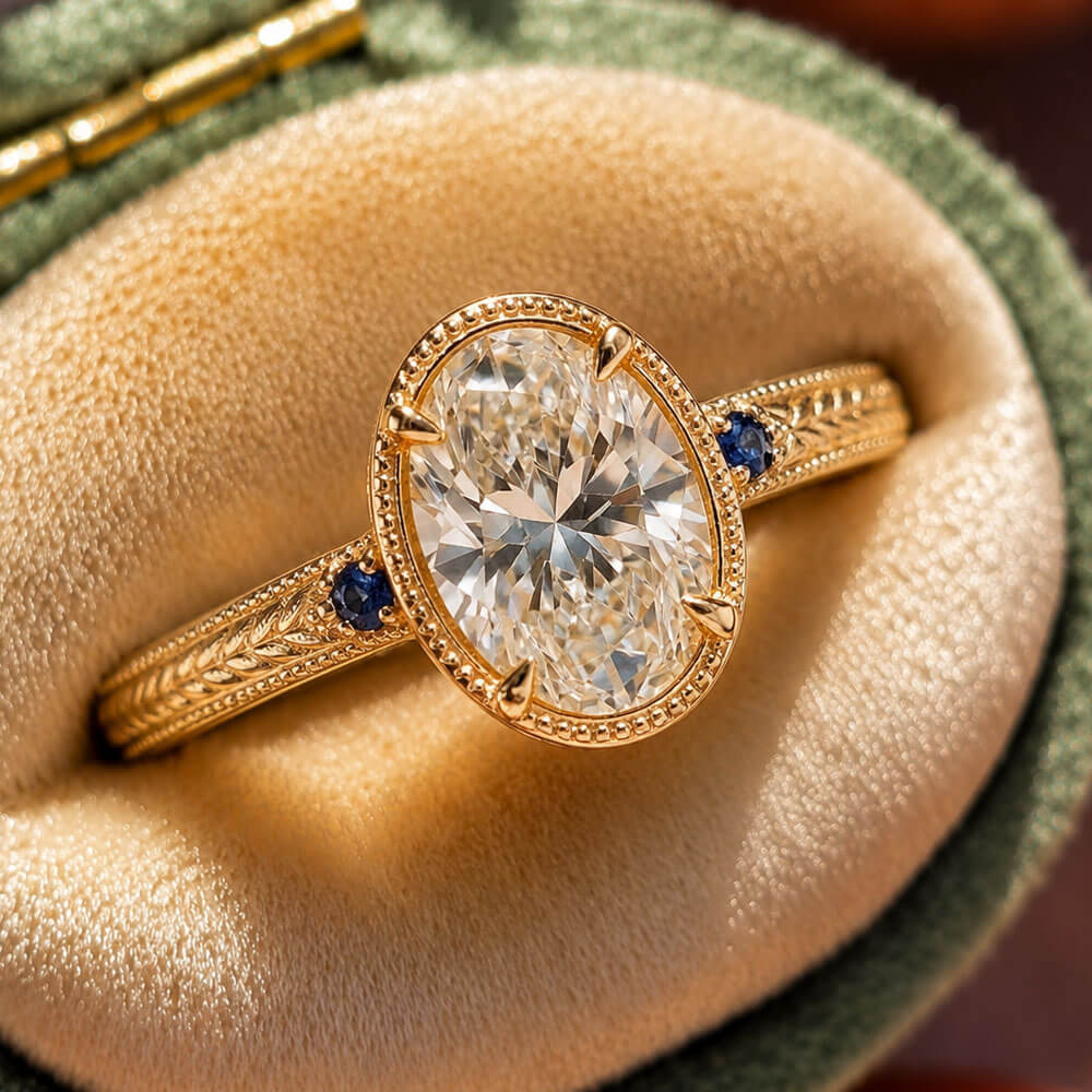 Vintage Three Stone Bezel Yellow Gold Oval Cut White & Blue Sapphire Engagement Ring