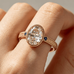 Vintage Three Stone Bezel Yellow Gold Oval Cut White & Blue Sapphire Engagement Ring