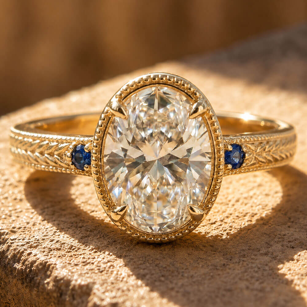 Vintage Three Stone Bezel Yellow Gold Oval Cut White & Blue Sapphire Engagement Ring