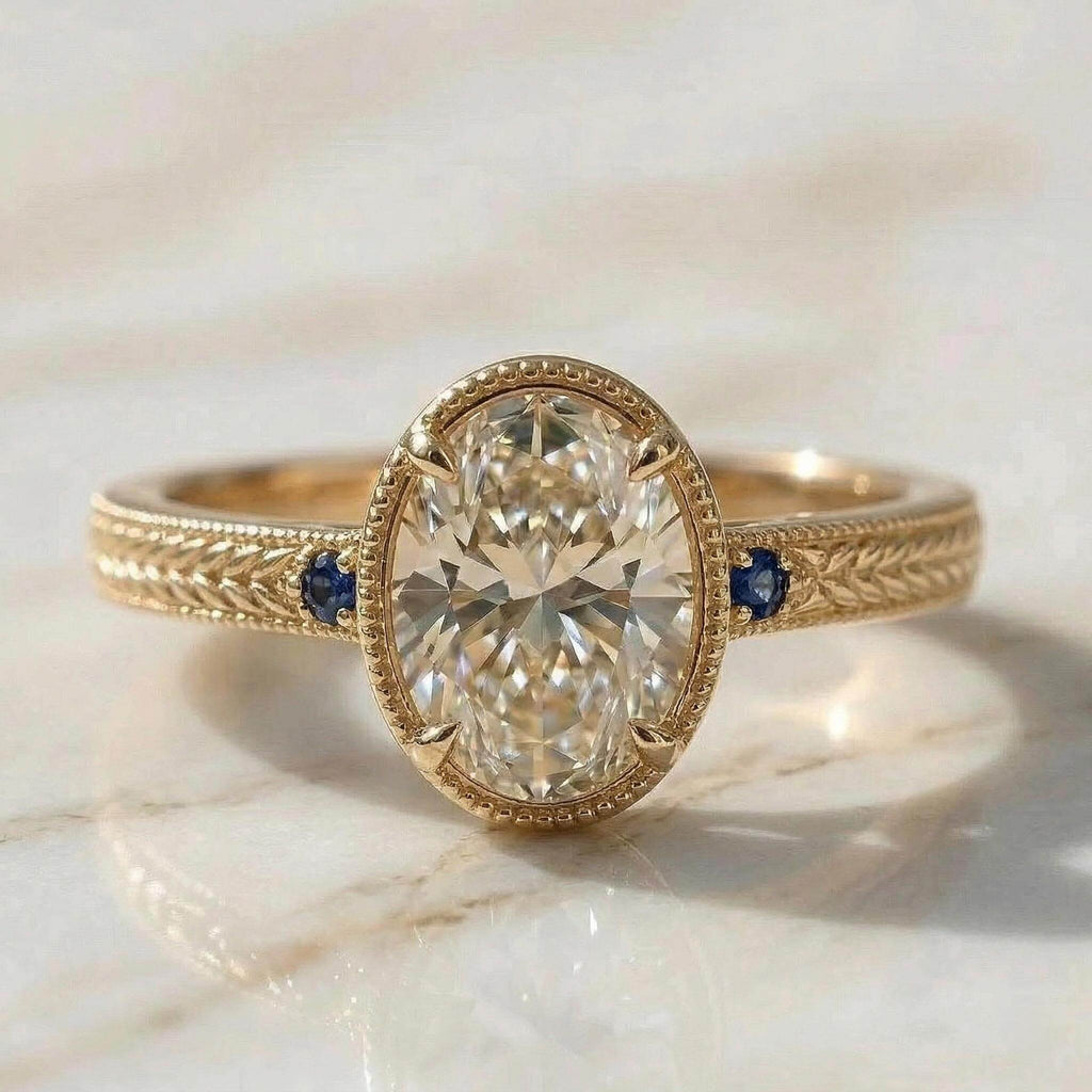 Vintage Three Stone Bezel Yellow Gold Oval Cut White & Blue Sapphire Engagement Ring