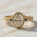 Vintage Three Stone Bezel Yellow Gold Oval Cut White & Blue Sapphire Engagement Ring
