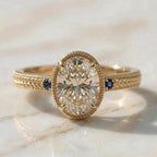Vintage Three Stone Bezel Yellow Gold Oval Cut White & Blue Sapphire Engagement Ring