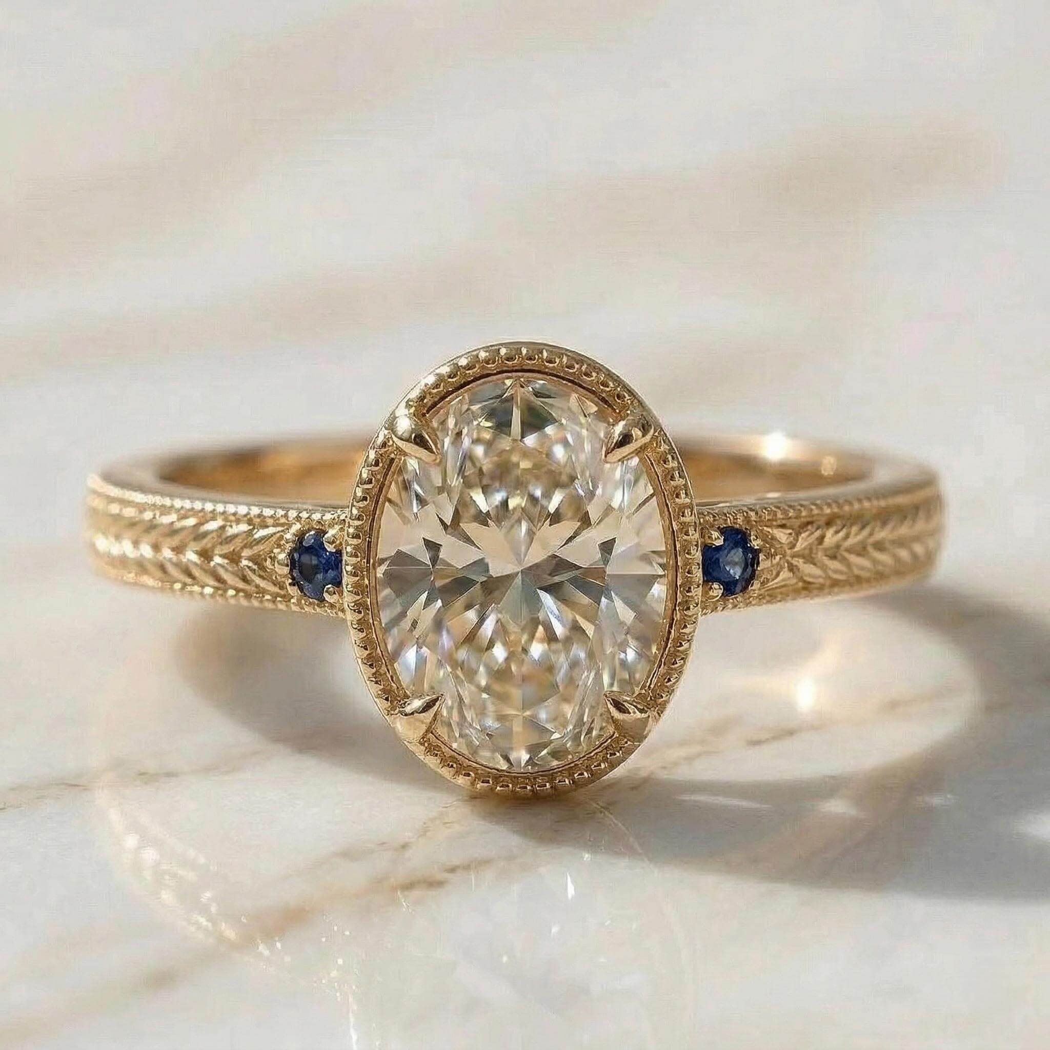 Vintage Three Stone Bezel Yellow Gold Oval Cut White & Blue Sapphire Engagement Ring