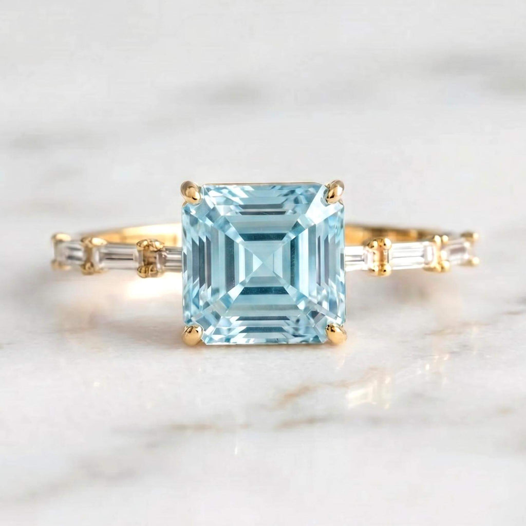 Classic Yellow Gold Asscher Cut Aquamarine Sapphire Engagement Ring
