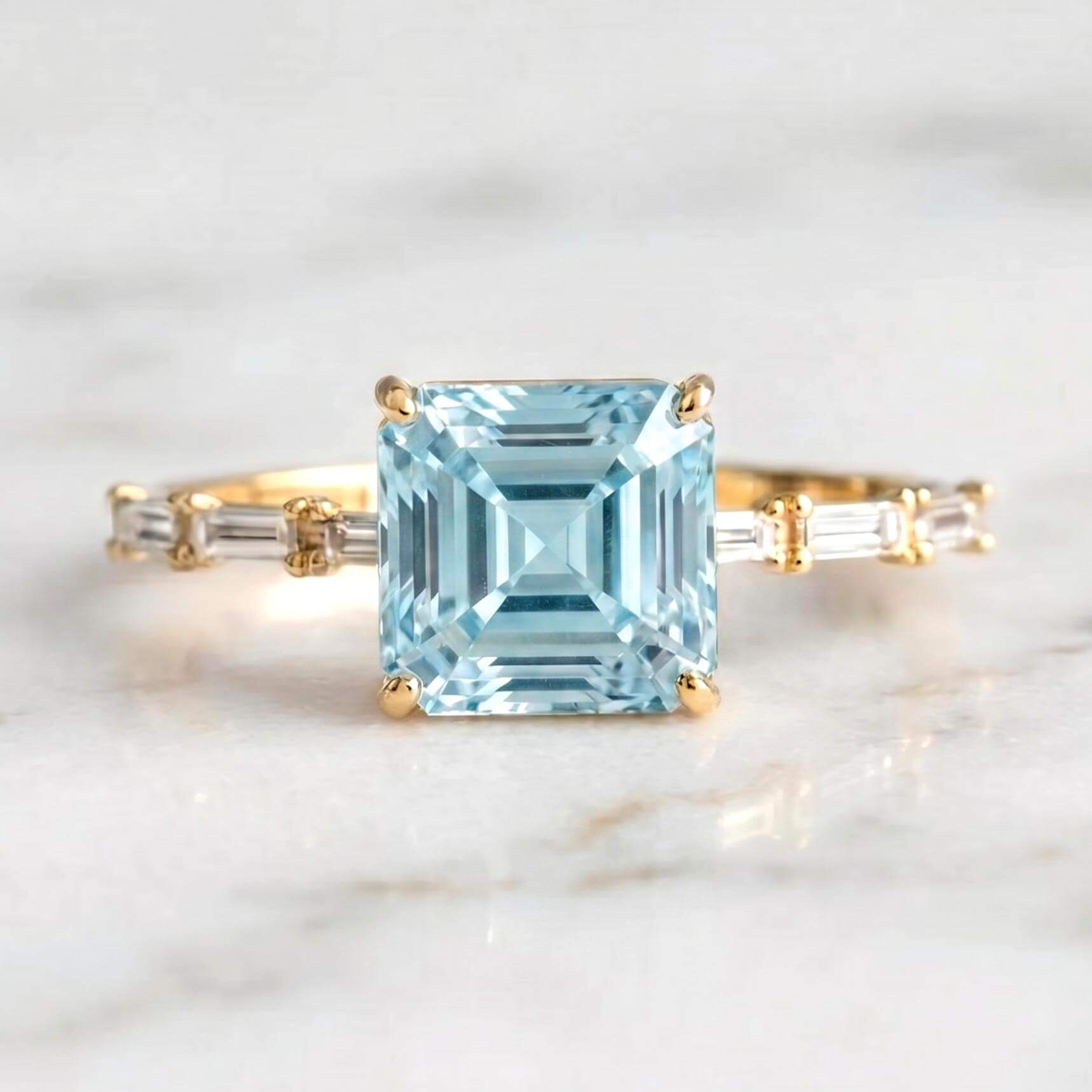 Classic Yellow Gold Asscher Cut Aquamarine Sapphire Engagement Ring