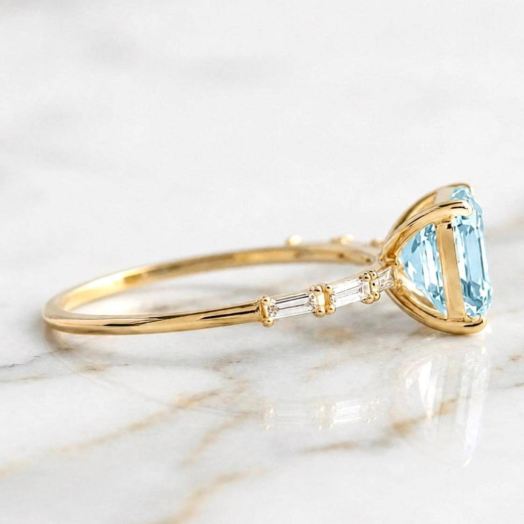 Classic Yellow Gold Asscher Cut Aquamarine Sapphire Engagement Ring
