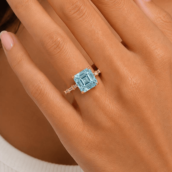 Classic Yellow Gold Asscher Cut Aquamarine Sapphire Engagement Ring