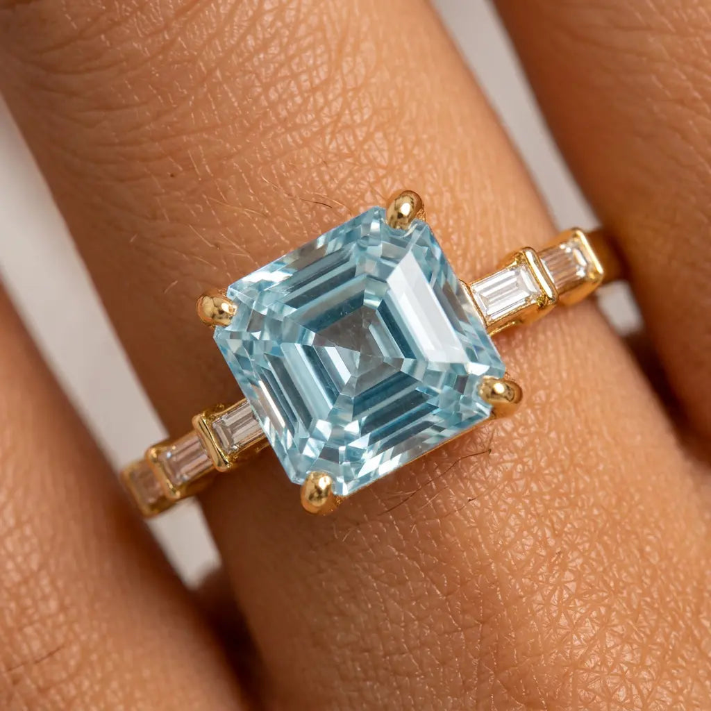 Classic Yellow Gold Asscher Cut Aquamarine Sapphire Engagement Ring