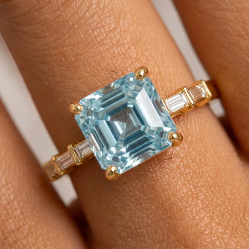 Classic Yellow Gold Asscher Cut Aquamarine Sapphire Engagement Ring
