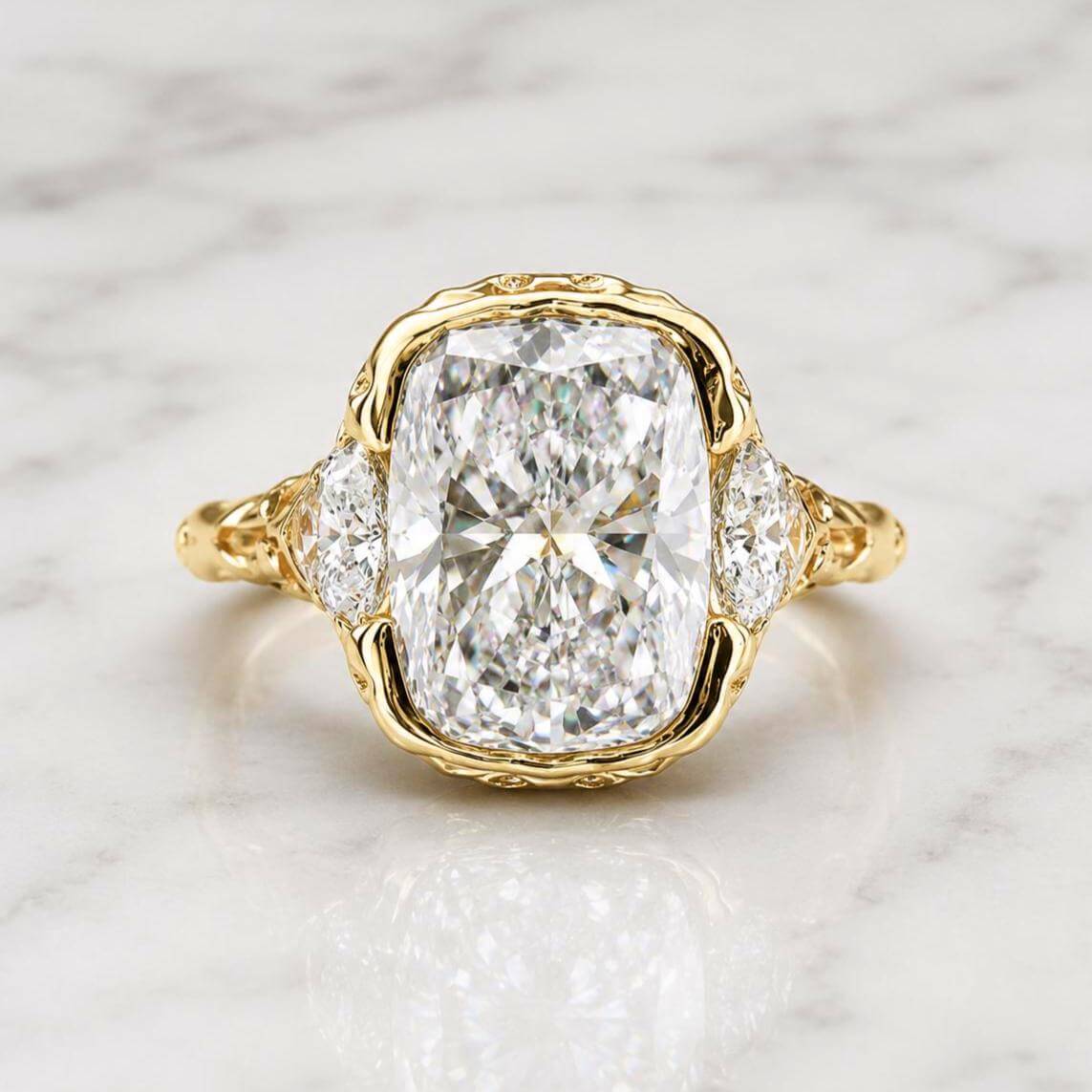 Vintage Three Stone Yellow Gold Cushion Cut Aquamarine Sapphire Engagement Ring
