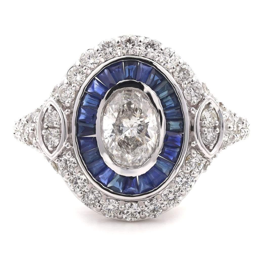 Art Deco Double Halo Bezel Oval Cut White Sapphire Engagement Ring