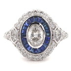 Art Deco Double Halo Bezel Oval Cut White Sapphire Engagement Ring