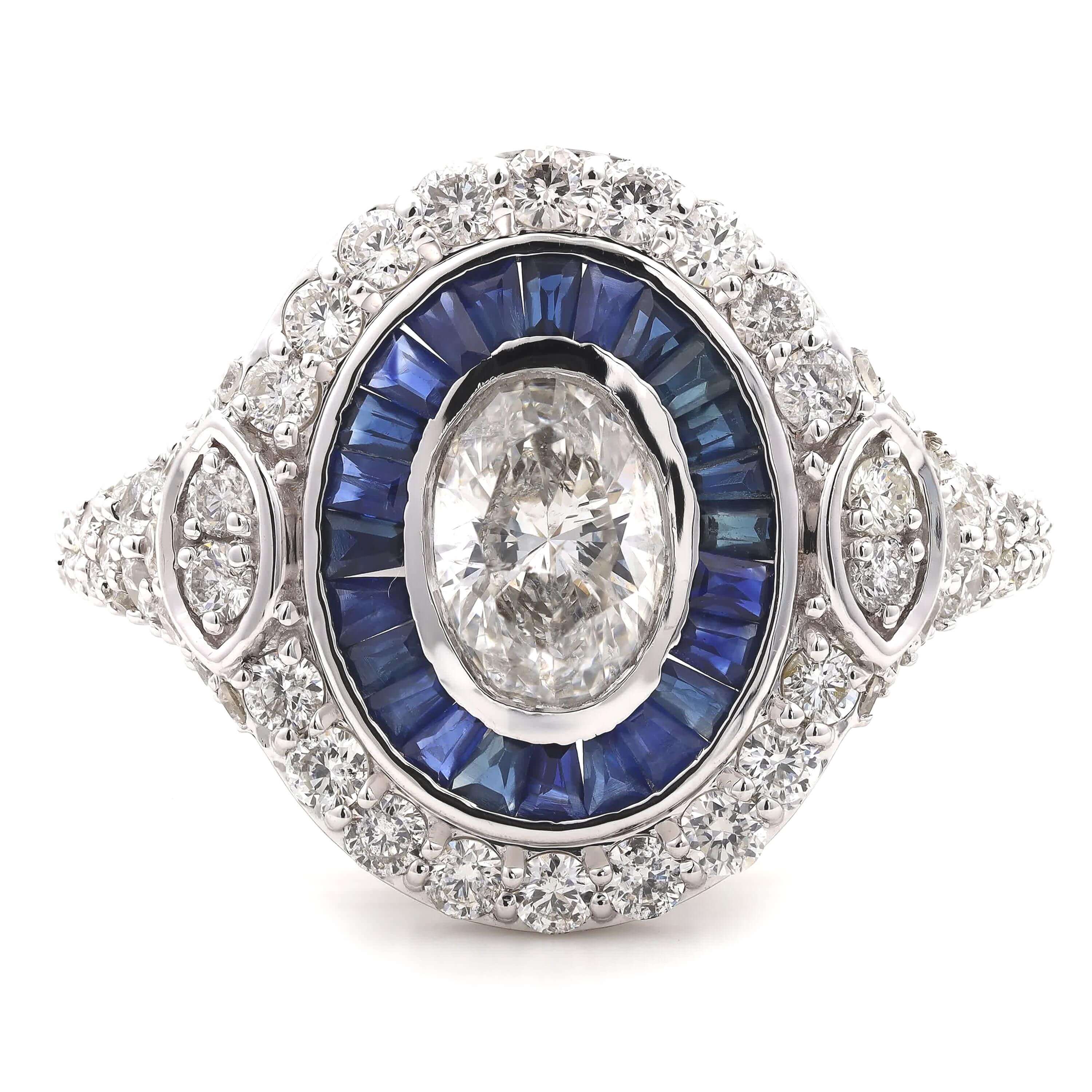 Art Deco Double Halo Bezel Oval Cut White Sapphire Engagement Ring