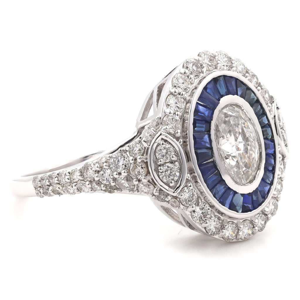 Art Deco Double Halo Bezel Oval Cut White Sapphire Engagement Ring