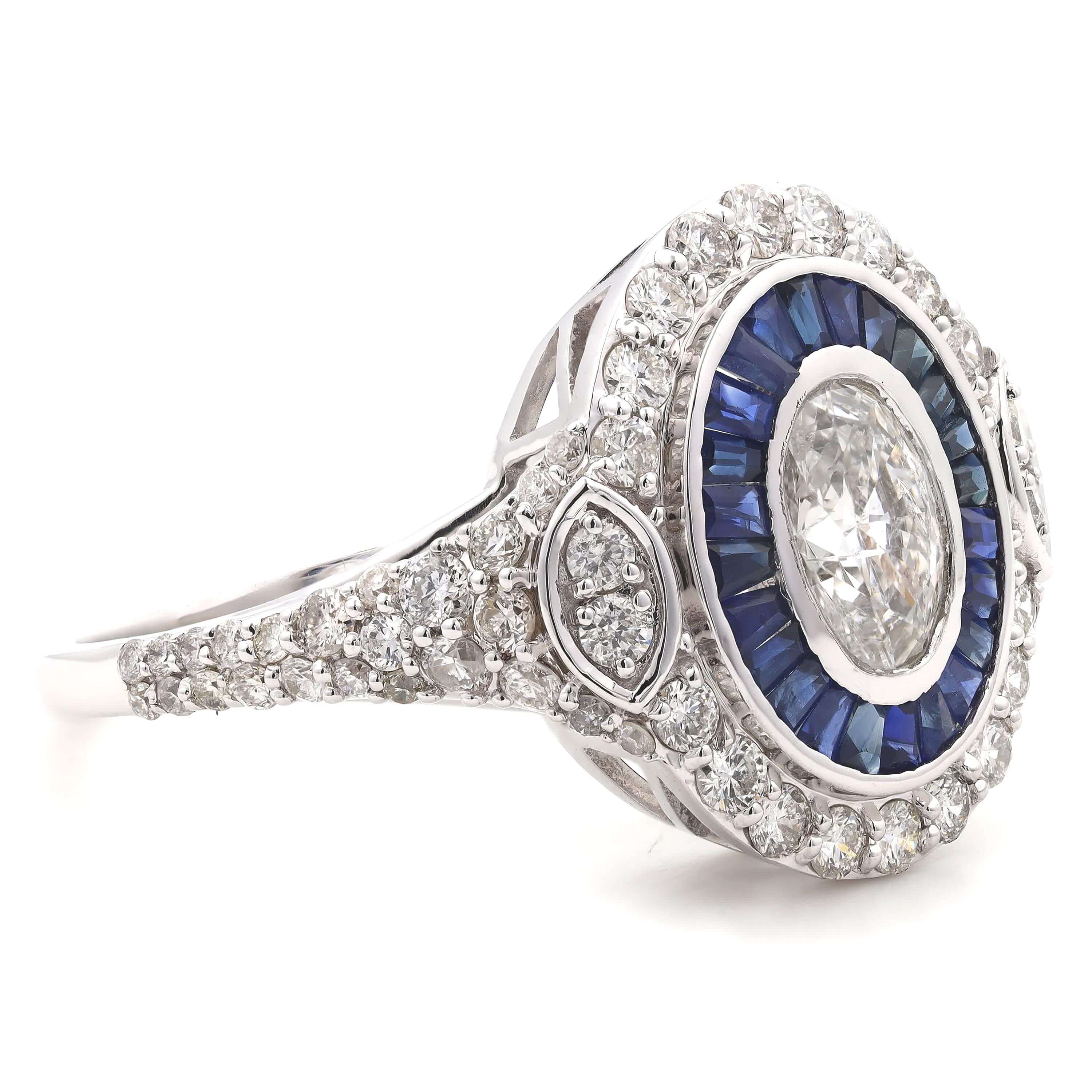 Art Deco Double Halo Bezel Oval Cut White Sapphire Engagement Ring