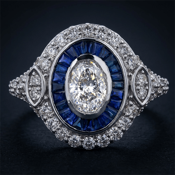 Art Deco Double Halo Bezel Oval Cut White Sapphire Engagement Ring