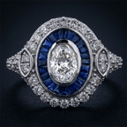 Art Deco Double Halo Bezel Oval Cut White Sapphire Engagement Ring