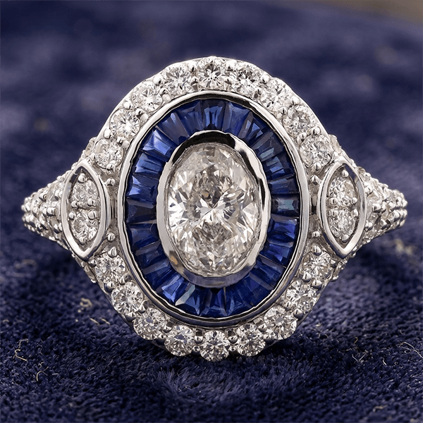 Art Deco Double Halo Bezel Oval Cut White Sapphire Engagement Ring