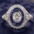 Art Deco Double Halo Bezel Oval Cut White Sapphire Engagement Ring