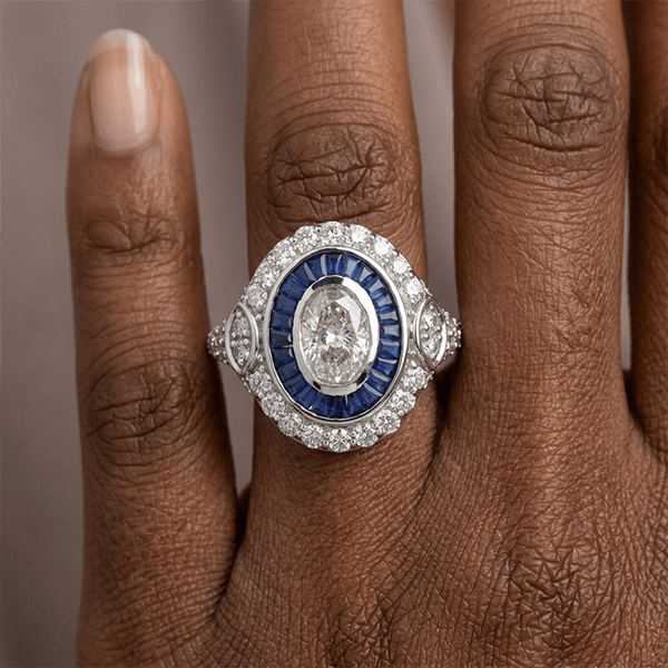 Art Deco Double Halo Bezel Oval Cut White Sapphire Engagement Ring