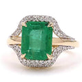 Unique Design Two Tone Halo Emerald Cut Emerald Sapphire Engagement Ring