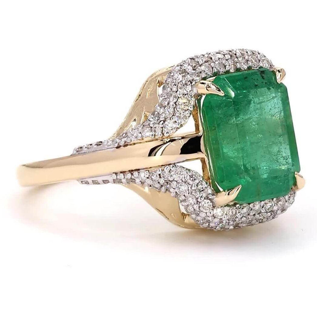 Unique Design Two Tone Halo Emerald Cut Emerald Sapphire Engagement Ring