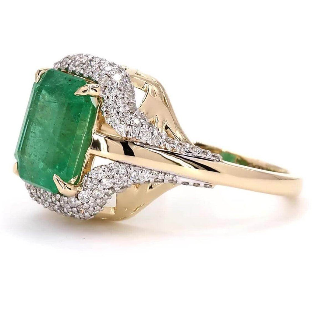 Unique Design Two Tone Halo Emerald Cut Emerald Sapphire Engagement Ring