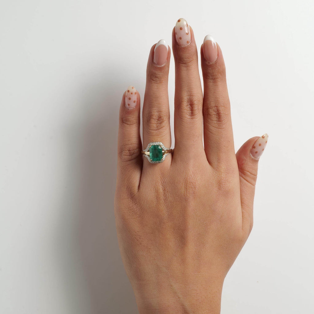 Unique Design Two Tone Halo Emerald Cut Emerald Sapphire Engagement Ring