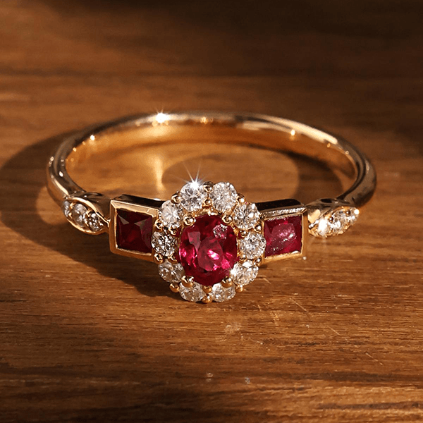 Vintage Halo Yellow Gold Oval Cut Ruby Sapphire Engagement Ring