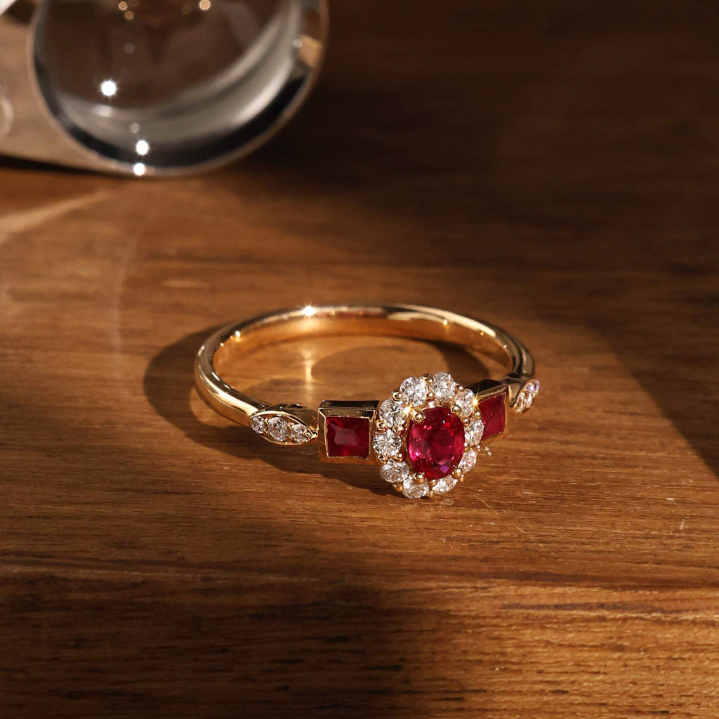Vintage Halo Yellow Gold Oval Cut Ruby Sapphire Engagement Ring
