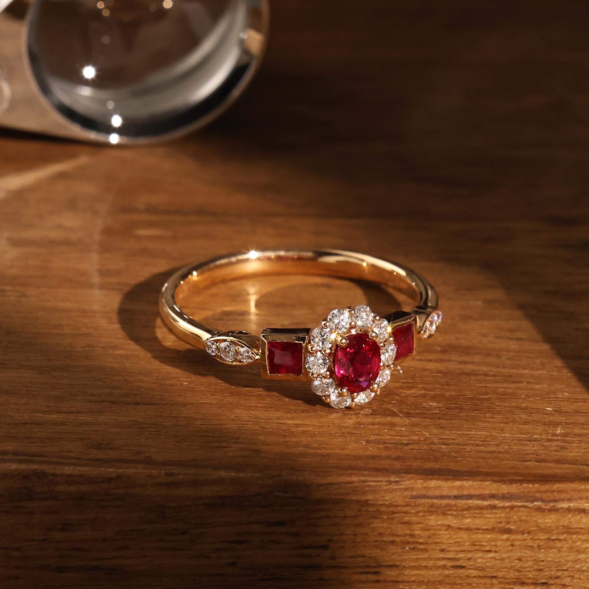 Vintage Halo Yellow Gold Oval Cut Ruby Sapphire Engagement Ring