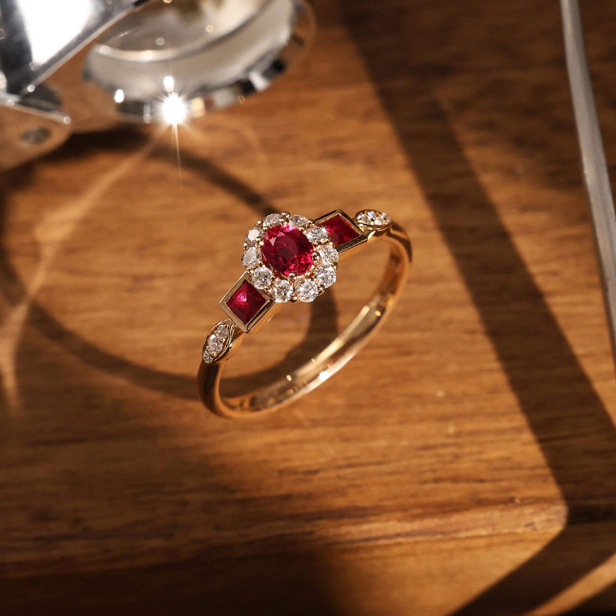 Vintage Halo Yellow Gold Oval Cut Ruby Sapphire Engagement Ring