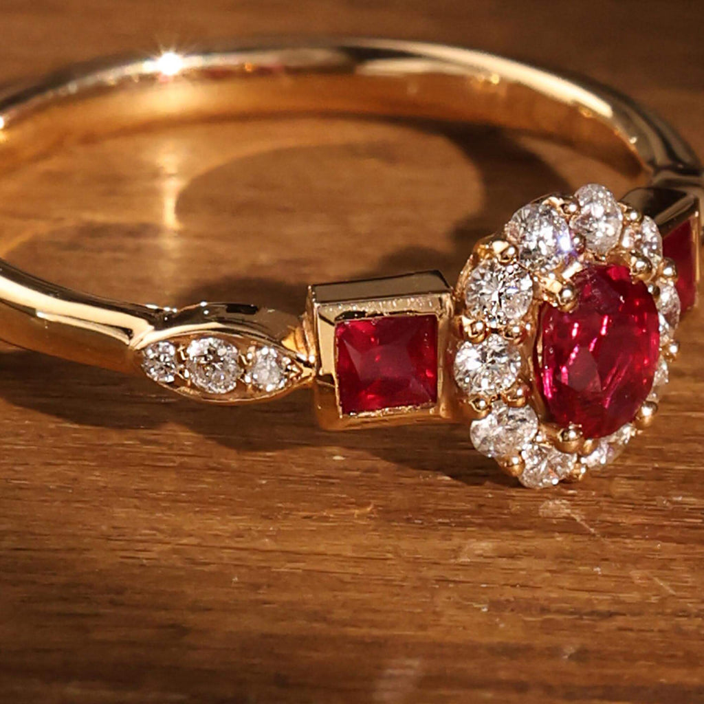 Vintage Halo Yellow Gold Oval Cut Ruby Sapphire Engagement Ring