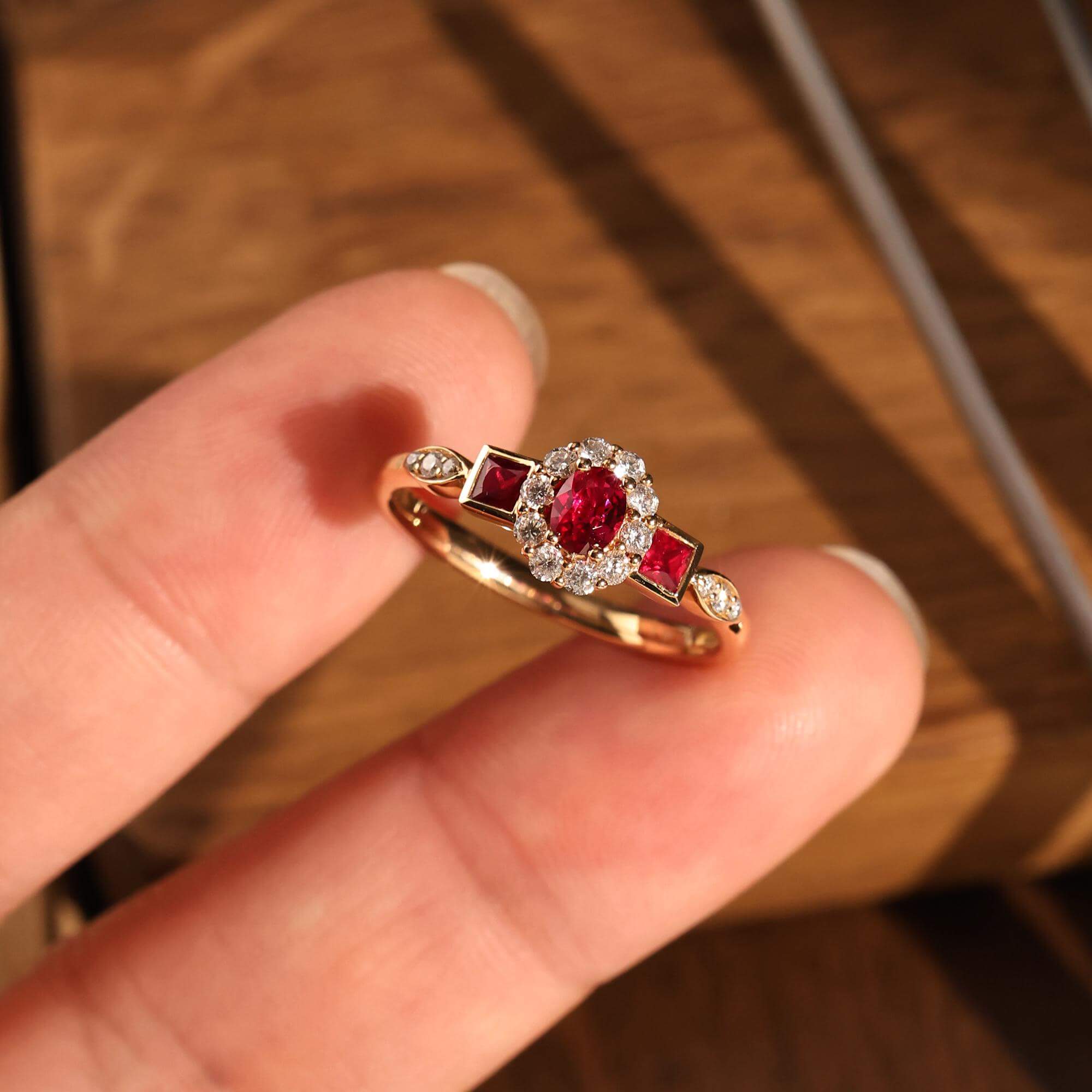 Vintage Halo Yellow Gold Oval Cut Ruby Sapphire Engagement Ring