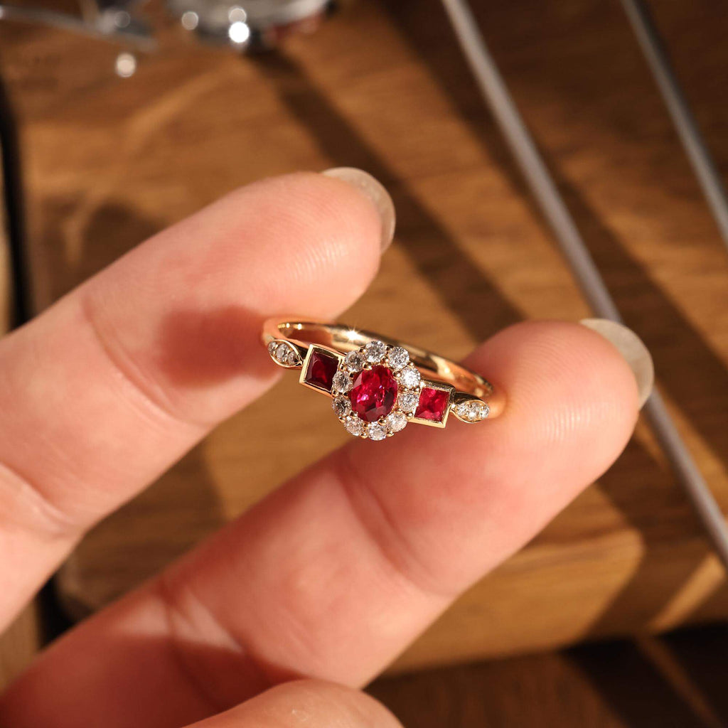 Vintage Halo Yellow Gold Oval Cut Ruby Sapphire Engagement Ring