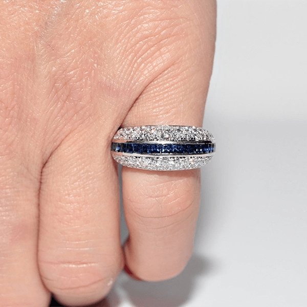 Vintage Multi Row Asscher & Round Cut Blue & White Sapphire Half Eternity Wedding Band For Women
